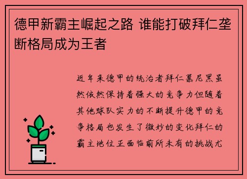 德甲新霸主崛起之路 谁能打破拜仁垄断格局成为王者